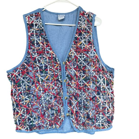 Cascade Blues Vest Womens 2X Blue Patchwork Plaid Embroidered Button Up Boho - Picture 1 of 8